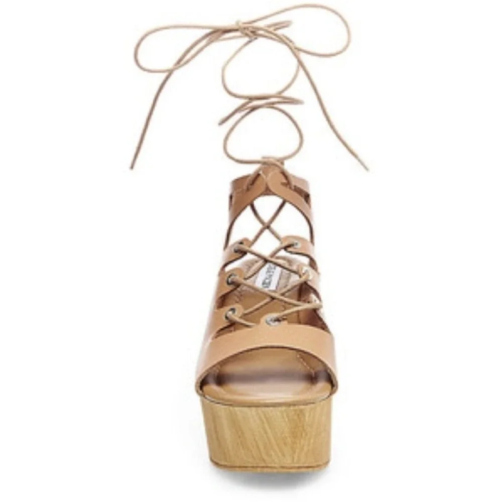 Steve Madden Tan Leather Lace Up Buxton Platform Wedge Sandals Wood Boho Heel 37